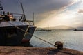 Boats docked to a mooring bollard in the port of Sozopol at sun Royalty Free Stock Photo