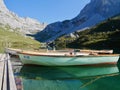 Boats in emerald green Lake Partnun in Praettigau, Graubuenden, Switzerland. Royalty Free Stock Photo