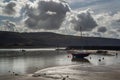 Boats in the Estuary of the river Mawddach, Barmouth, Wales, County of Gwynedd on a cloudy autumn afternoon