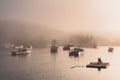 Boats in fog, in the harbor of Cutler, Maine