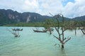 Boats, forest and mountain at Ao Nammao pier in Krabi, Thailand
