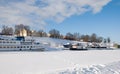 Boats on the frozen lake Saimaa. Lappeenranta