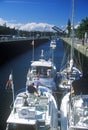 Boats going through Hiram M. Chittenden Locks on Puget Sound, Seattle, WA Royalty Free Stock Photo