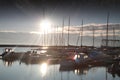 Boats in the harbor at dawn. Royalty Free Stock Photo