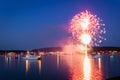 Boats in the harbor during fireworks display, slow shutter, motion blur