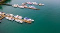 Boats in the harbor at Sun Moon Lake, Shuishe Pier in Nantou, Taiwan, Aerial top view Royalty Free Stock Photo