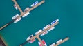 Boats in the harbor at Sun Moon Lake, Shuishe Pier in Nantou, Taiwan, Aerial top view Royalty Free Stock Photo