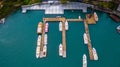 Boats in the harbor at Sun Moon Lake, Shuishe Pier in Nantou, Taiwan, Aerial top view Royalty Free Stock Photo