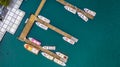 Boats in the harbor at Sun Moon Lake, Shuishe Pier in Nantou, Taiwan, Aerial top view Royalty Free Stock Photo