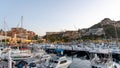 Boats and hotels in the fishing marina in Cabo San Lucas near sunset Royalty Free Stock Photo