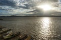 Boats on the Irrawaddy river during sunset, Bagan, Myanmar Royalty Free Stock Photo