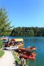 Boats at island in Bled Lake, Gorenjska, Slovenia