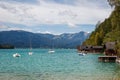 Boats on lake Wolfgangsee at Salzkammergut, European Alps mountain Royalty Free Stock Photo