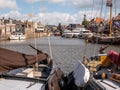 Boats in Lemmer Binnenhaven canal, Friesland, Netherlands