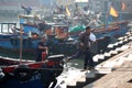 Boats and Lifestyle at Qui Nhon Fish Port, Vietnam in the morning.