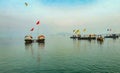 Boats lined up in Triveni Sangam, Prayagraj, Allahabad, India