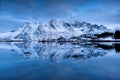 Boats on Lofoten islands, Norway. Mountains and reflection on water surface. Evening time. Winter landscape near the ocean. Royalty Free Stock Photo
