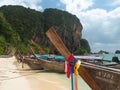 Boats Longtails with bright ribbons on Phranang beach, Railay, K