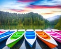 Boats on majestic mountain lake Lacul Rosu or Red Lake or Killer Lake