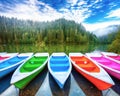 Boats on majestic mountain lake Lacul Rosu or Red Lake or Killer Lake