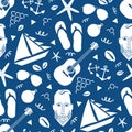 Boats, male face, anchors, guitar, flip flops vector seamless pattern background. Nautical backdrop with yachts,bearded