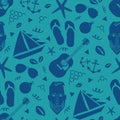 Boats, male face, anchors, guitar, flip flops vector seamless pattern background. Nautical backdrop with yachts,bearded