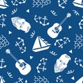 Boats, male face, anchors, guitar vector seamless pattern background. Blue white backdrop with yachts,bearded man