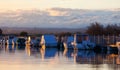 Boats in a marina at sunset Royalty Free Stock Photo