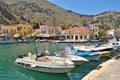 Boats moored in the bay of the island of Symi,