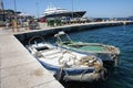 Boats moored at dock in Rovinj