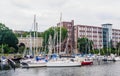 View of Boats moored in the harbour, Kiel, Germany
