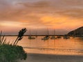 Boats moored at historic Friendly Bay in Oamaru, Otago region of the South Island of New Zealand after sunset Royalty Free Stock Photo