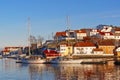 Boats moored with lowered sails on the fjord Royalty Free Stock Photo