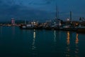 Boats moored in seaport dock near Batumi sea station. Night view from Black sea Royalty Free Stock Photo