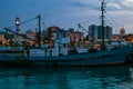 Boats moored in seaport dock near Batumi sea station. Night view from Black sea Royalty Free Stock Photo