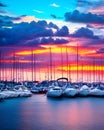 Boats moored at sunset