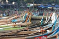 Boats moored at Taungthaman Lake near Amarapura in Myanmar by the U Bein Bridge Royalty Free Stock Photo