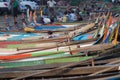 Boats moored at Taungthaman Lake near Amarapura in Myanmar by the U Bein Bridge