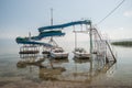 Boats moored under abandoned slide, Struga, Macedonia