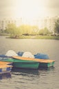 Boats on the mooring in the city park/walking boats on the lake