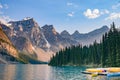 Boats in Moraine Lake near Lake Louise - Banff National Park - Canada Royalty Free Stock Photo