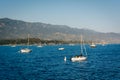 Boats in the Pacific Ocean and mountains, seen from Stearn's Wha Royalty Free Stock Photo