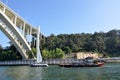 Boats passing under a famous bridge on river Douro