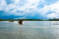 Boats with people. Madu River Safari. very beautiful blue sky. boats sailing at high speed