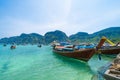 Boats in Phi Phi, Maya beach with blue turquoise seawater, Phuket island in summer season in travel holiday vacation trip. Andaman Royalty Free Stock Photo