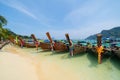 Boats in Phi Phi, Maya beach with blue turquoise seawater, Phuket island in summer season in travel holiday vacation trip. Andaman Royalty Free Stock Photo