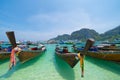 Boats in Phi Phi, Maya beach with blue turquoise seawater, Phuket island in summer season in travel holiday vacation trip. Andaman Royalty Free Stock Photo