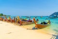 Boats in Phi Phi, Maya beach with blue turquoise seawater, Phuket island in summer season in travel holiday vacation trip. Andaman Royalty Free Stock Photo