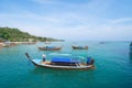 Boats in Phi Phi, Maya beach with blue turquoise seawater, Phuket island in summer season in travel holiday vacation trip. Andaman Royalty Free Stock Photo