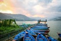 Boats at the pier, Lake Phewa, Pokhara, Nepal Royalty Free Stock Photo